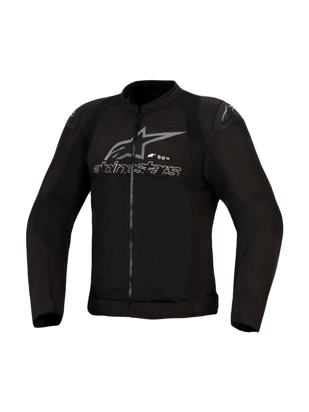 Chaqueta Alpinestars SMX Air, negro y antracita, chaqueta de moto textil ventilada, paneles de malla de alto flujo, deslizadores de hombro DFS Lite, logo y texto de Alpinestars en gris sobre el pecho