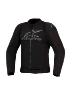 Chaqueta Alpinestars SMX Air, negro y antracita, chaqueta de moto textil ventilada, paneles de malla de alto flujo, deslizadores de hombro DFS Lite, logo y texto de Alpinestars en gris sobre el pecho