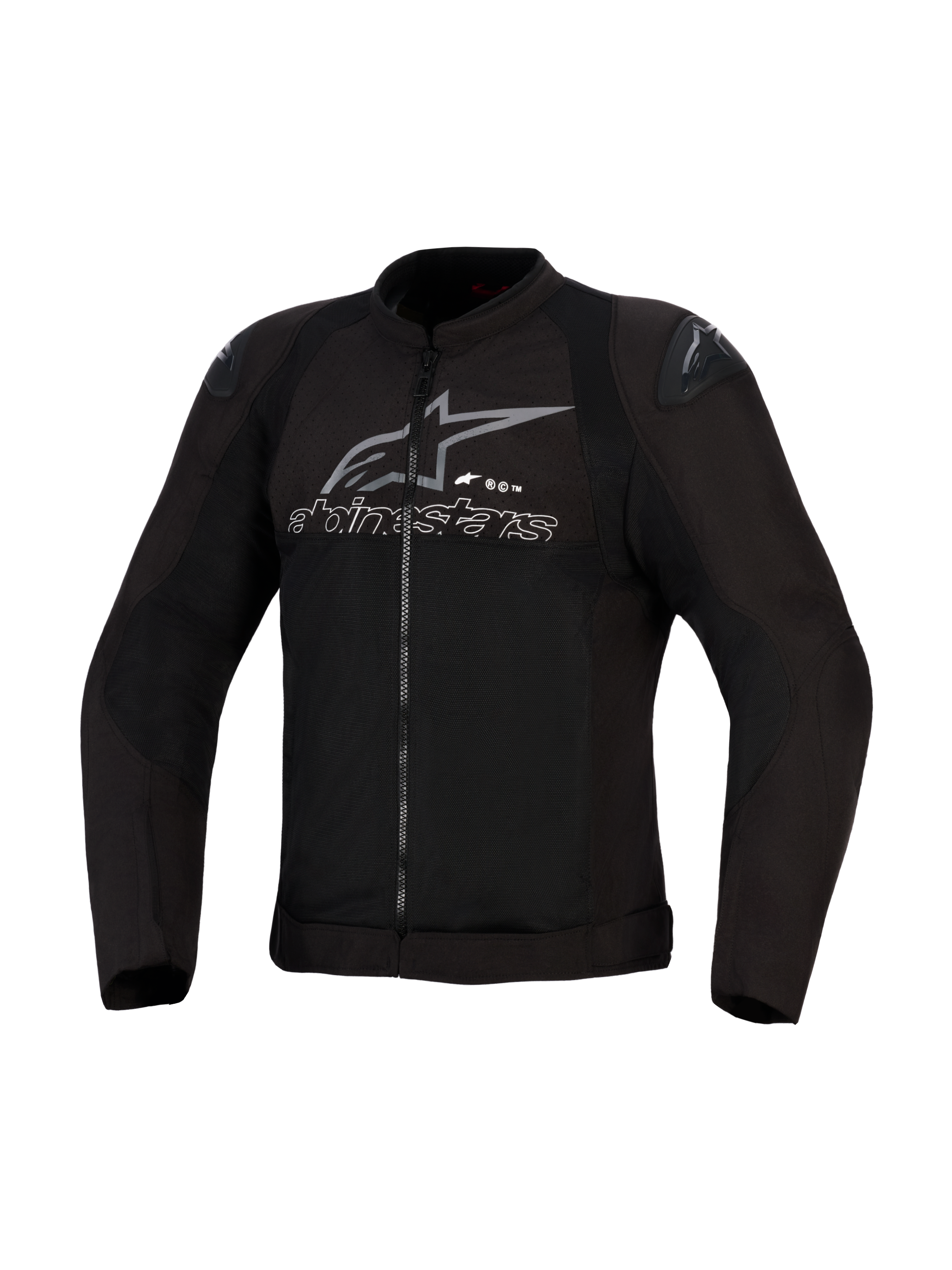 Chaqueta Alpinestars SMX Air, negro y antracita, chaqueta de moto textil ventilada, paneles de malla de alto flujo, deslizadores de hombro DFS Lite, logo y texto de Alpinestars en gris sobre el pecho