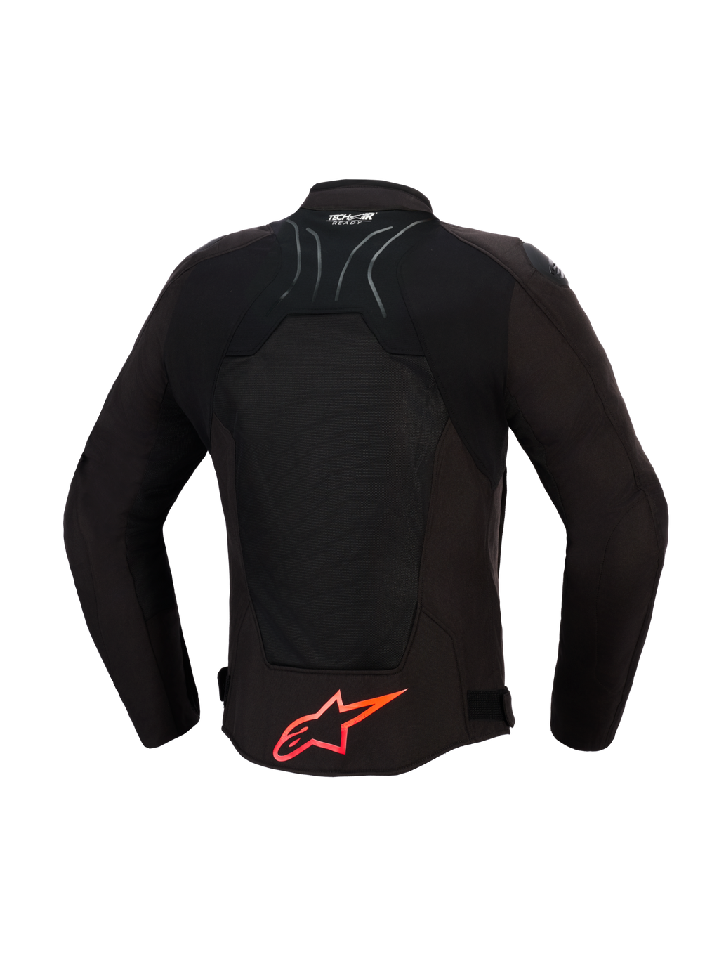 Chaqueta Alpinestars SMX Air, chaqueta de moto, negra con detalles en rojo brillante, vista trasera que muestra paneles de malla técnica para el flujo de aire, logotipo grande de Alpinestars en rojo en la parte inferior de la espalda, logotipo Tech-Air Ready en el cuello, diseño deportivo para conducción de alto rendimiento.