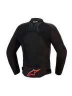 Chaqueta Alpinestars SMX Air, chaqueta de moto, negra con detalles en rojo brillante, vista trasera que muestra paneles de malla técnica para el flujo de aire, logotipo grande de Alpinestars en rojo en la parte inferior de la espalda, logotipo Tech-Air Ready en el cuello, diseño deportivo para conducción de alto rendimiento.