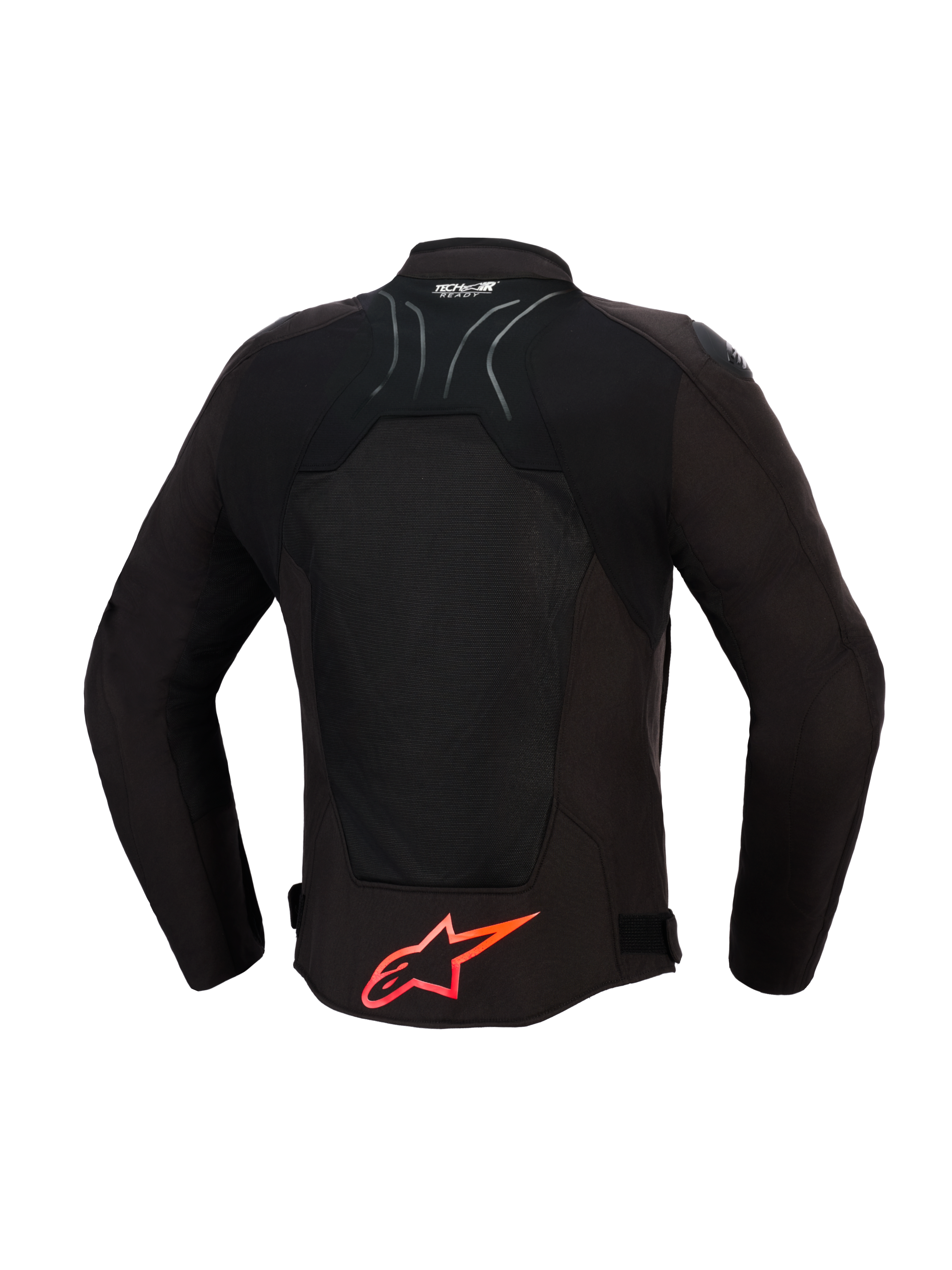 Chaqueta Alpinestars SMX Air, chaqueta de moto, negra con detalles en rojo brillante, vista trasera que muestra paneles de malla técnica para el flujo de aire, logotipo grande de Alpinestars en rojo en la parte inferior de la espalda, logotipo Tech-Air Ready en el cuello, diseño deportivo para conducción de alto rendimiento.