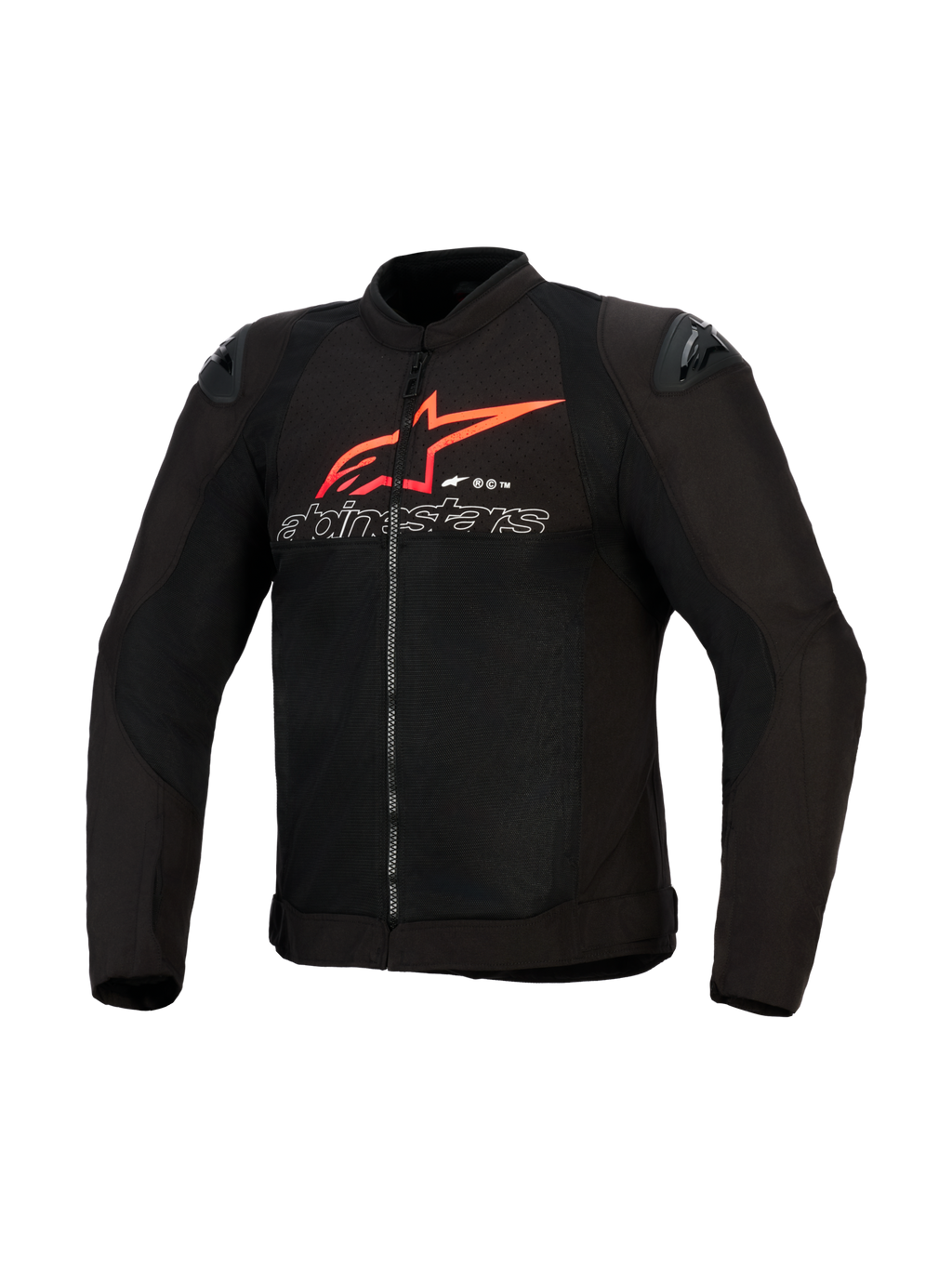Chaqueta Alpinestars SMX Air, chaqueta de moto, negra con acentos en rojo brillante y blanco, con un gran logotipo de estrella roja de Alpinestars y texto delineado en blanco en el pecho, paneles de malla con deslizadores de hombro negros, equipamiento de conducción deportiva de alto rendimiento.