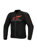 Chaqueta Alpinestars SMX Air, chaqueta de moto, negra con acentos en rojo brillante y blanco, con un gran logotipo de estrella roja de Alpinestars y texto delineado en blanco en el pecho, paneles de malla con deslizadores de hombro negros, equipamiento de conducción deportiva de alto rendimiento.
