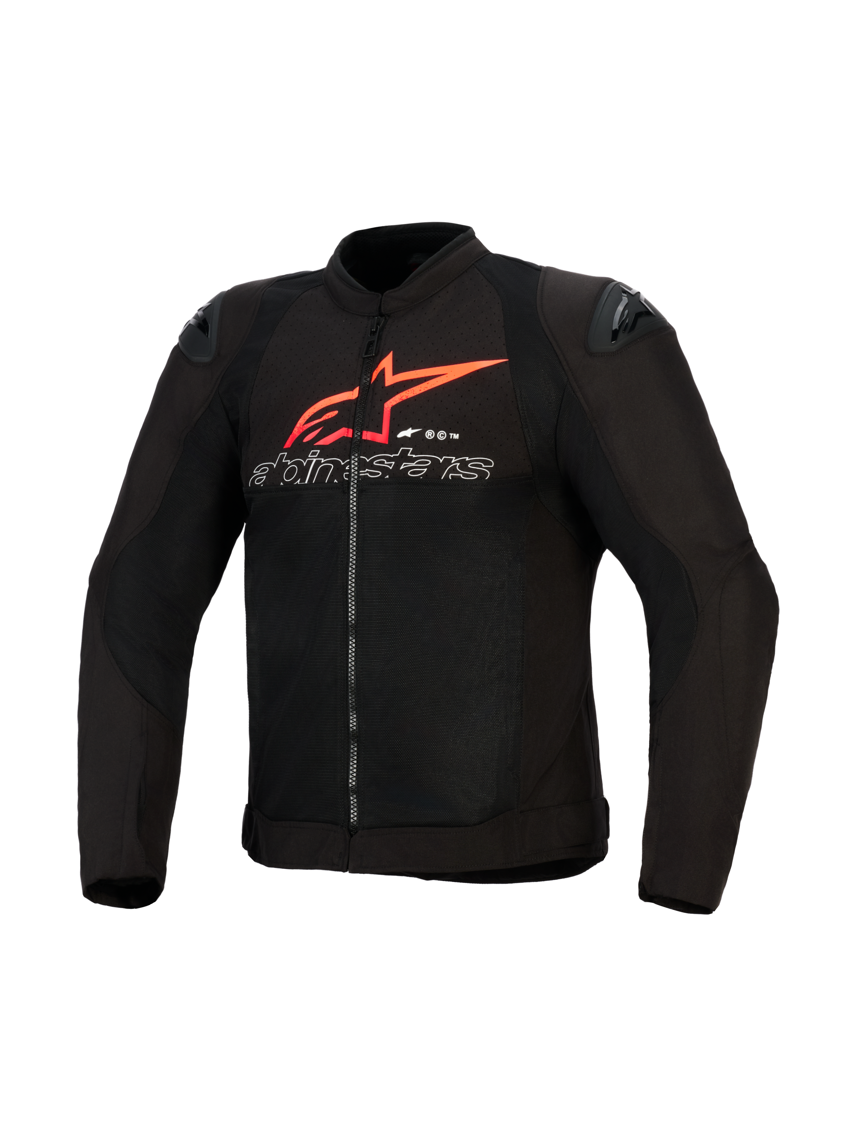 Chaqueta Alpinestars SMX Air, chaqueta de moto, negra con acentos en rojo brillante y blanco, con un gran logotipo de estrella roja de Alpinestars y texto delineado en blanco en el pecho, paneles de malla con deslizadores de hombro negros, equipamiento de conducción deportiva de alto rendimiento.