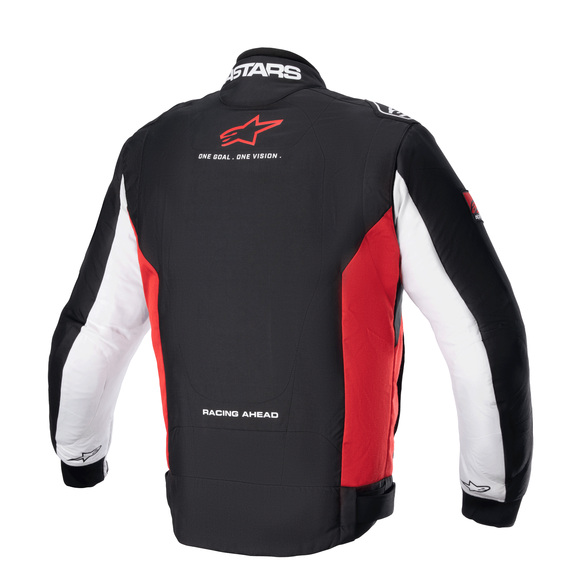 Alpinestars Monza Sport Jacket, men's textile motorcycle riding jacket, back view showcasing black, bright red, and white colorway with branding details