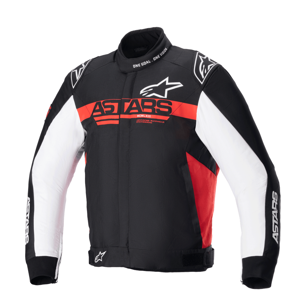 Alpinestars Monza Sport Jacket, men's textile motorcycle racing and sport jacket in Black, Bright Red, and White, featuring CE certified protection and a tech twill chassis