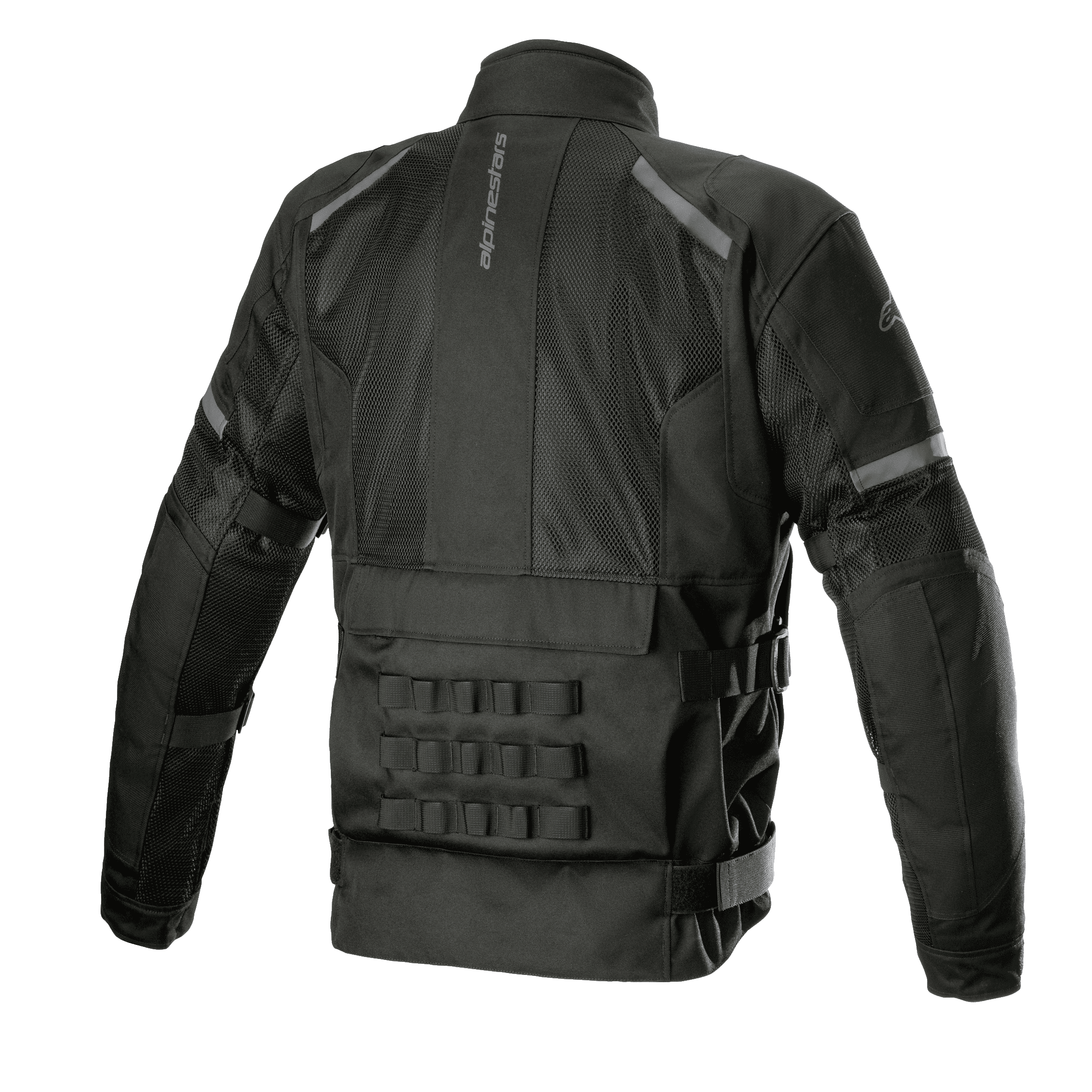 Chaqueta Impermeable Alpinestars Crosshill Air, negra, vista trasera con grandes paneles de malla técnica, logotipo vertical de Alpinestars, sistema de conexión modular PALS en la parte inferior de la espalda y correas ajustables en la cintura, equipamiento duradero para touring en moto