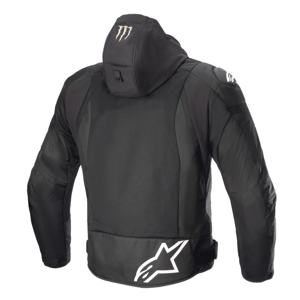 Alpinestars FQ20 Zaca Air Monster Jacket, Textile Motorcycle Jacket, Black and White, Rear view showing large white Alpinestars logo on the lower back, Monster Energy claw logo on the hood, 3D mesh ventilation panels, and DFS Lite shoulder sliders.