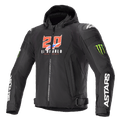Alpinestars FQ20 Zaca Air Monster Jacket, Black textile motorcycle jacket with hood, featuring red and white "20 El Diablo" graphics, green Monster Energy claw logos, white ASTARS branding on sleeves, DFS Lite shoulder sliders, zip closure