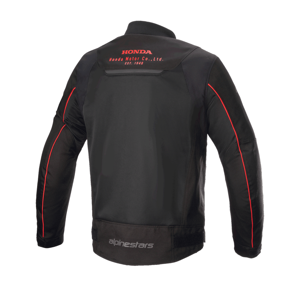 Chaqueta Alpinestars Honda Luc V2 Air, negra y roja, vista trasera que muestra paneles de malla transpirable, logotipo rojo de Honda Motor Co. en la parte superior de la espalda, marca Alpinestars en la parte inferior de la espalda y ribetes rojos en las mangas, chaqueta de moto urbana