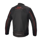 Chaqueta Alpinestars Honda Luc V2 Air, negra y roja, vista trasera que muestra paneles de malla transpirable, logotipo rojo de Honda Motor Co. en la parte superior de la espalda, marca Alpinestars en la parte inferior de la espalda y ribetes rojos en las mangas, chaqueta de moto urbana