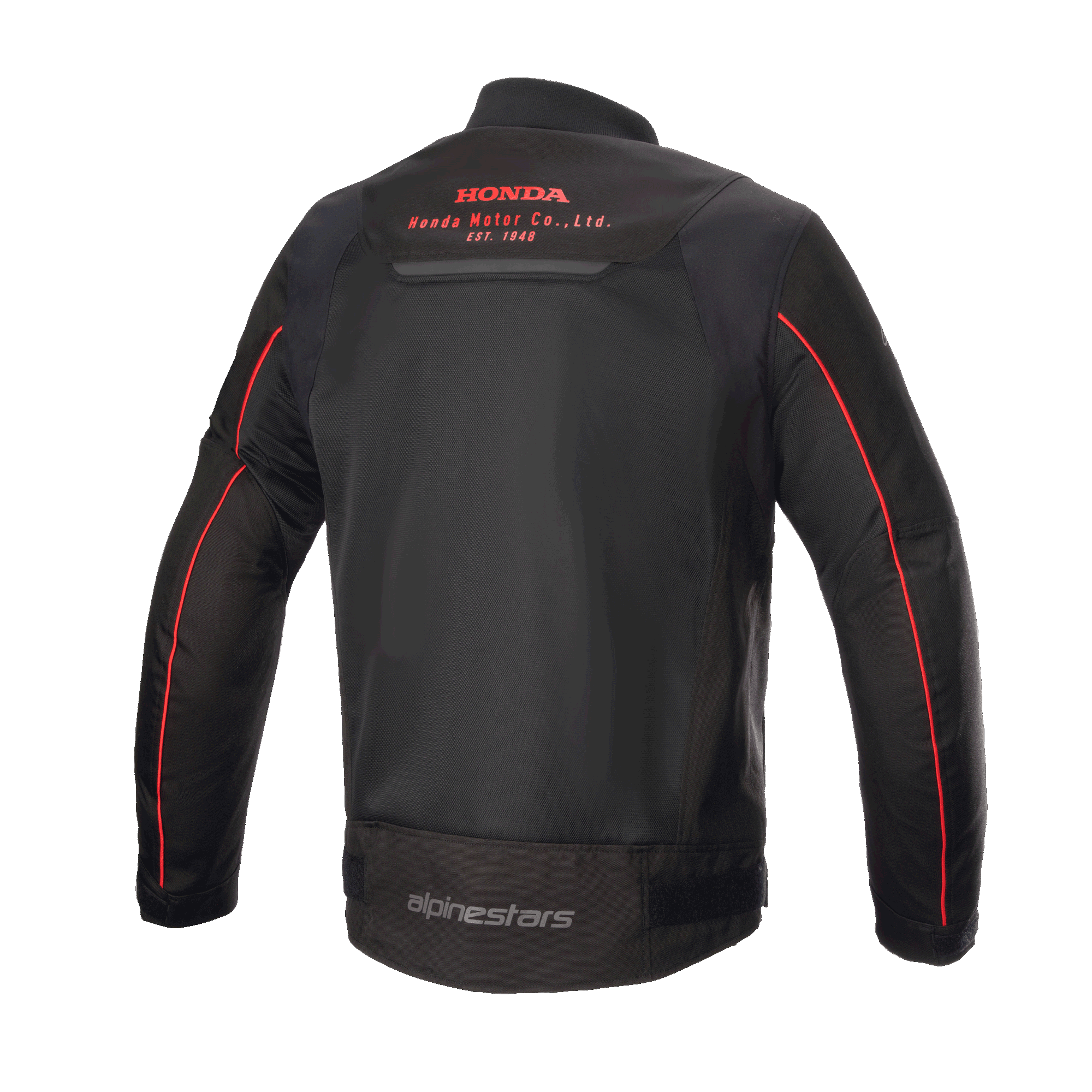 Chaqueta Alpinestars Honda Luc V2 Air, negra y roja, vista trasera que muestra paneles de malla transpirable, logotipo rojo de Honda Motor Co. en la parte superior de la espalda, marca Alpinestars en la parte inferior de la espalda y ribetes rojos en las mangas, chaqueta de moto urbana