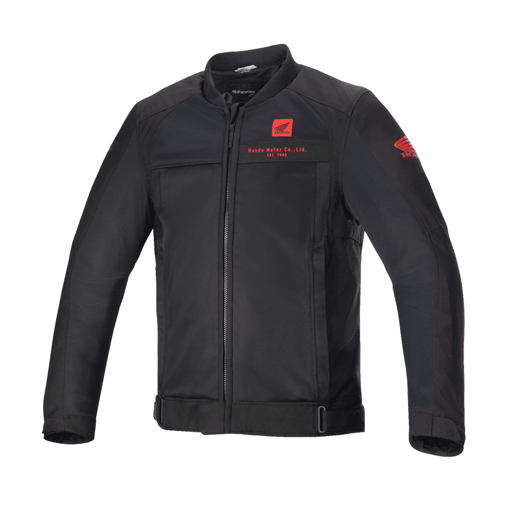Alpinestars Honda Luc V2 Air Jacket, chaqueta de moto negra, estilo bomber con paneles de malla, logotipos de Honda rojos en el pecho y la manga, cremallera frontal completa, cuello acanalado, cintura y puños ajustables, material textil para conducción urbana