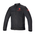 Alpinestars Honda Luc V2 Air Jacket, chaqueta de moto negra, estilo bomber con paneles de malla, logotipos de Honda rojos en el pecho y la manga, cremallera frontal completa, cuello acanalado, cintura y puños ajustables, material textil para conducción urbana