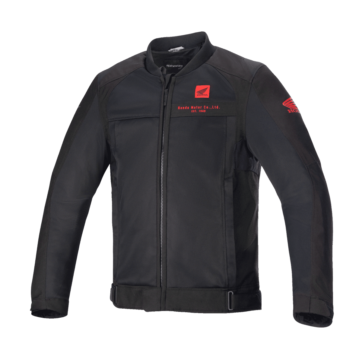 Alpinestars Honda Luc V2 Air Jacket, chaqueta de moto urbana para hombre, negra con logos rojos, protección en hombros y codos, cremallera frontal, puños y cintura ajustables, diseño ceñido y estructurado