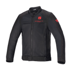 Alpinestars Honda Luc V2 Air Jacket, chaqueta de moto negra, estilo bomber con paneles de malla, logotipos de Honda rojos en el pecho y la manga, cremallera frontal completa, cuello acanalado, cintura y puños ajustables, material textil para conducción urbana