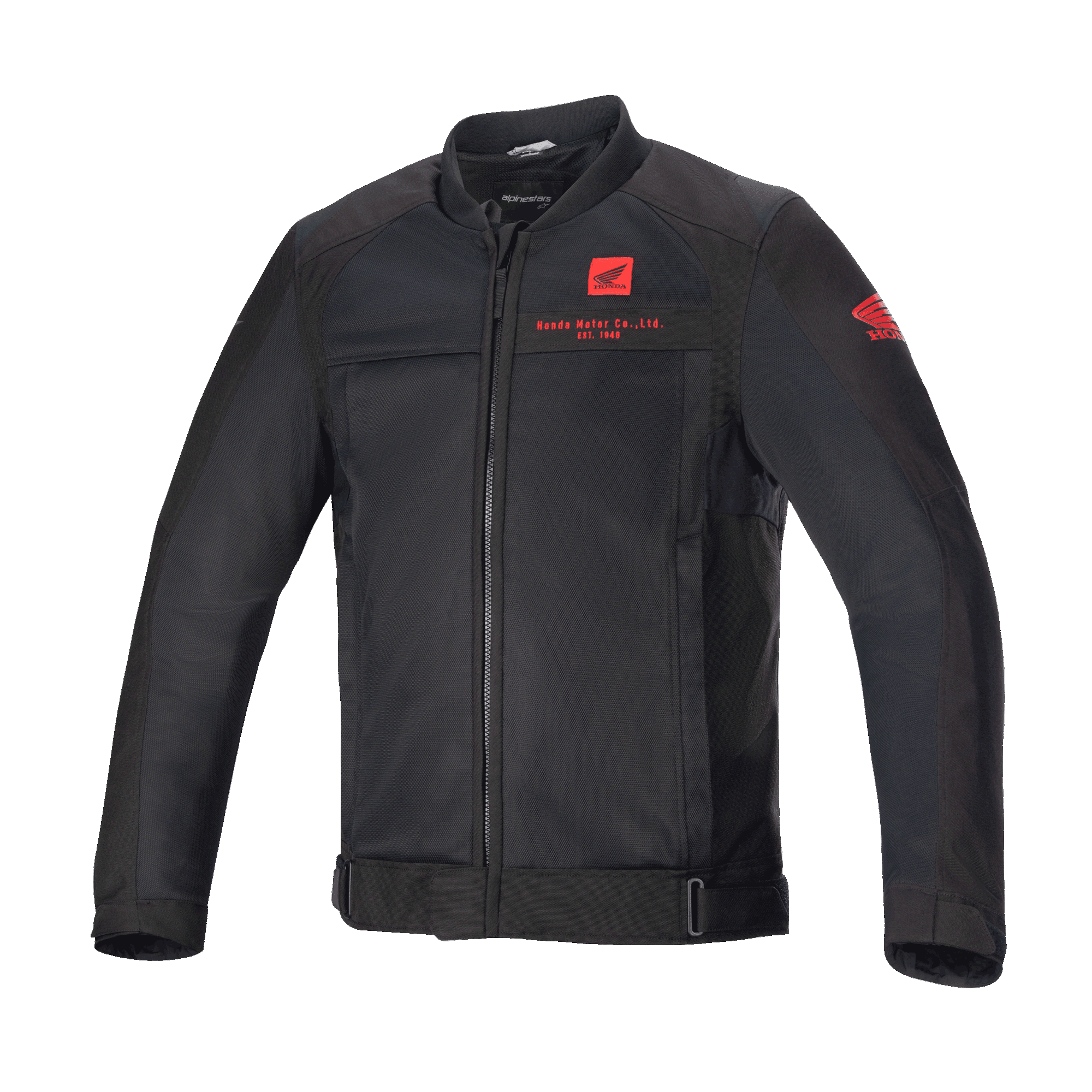 Alpinestars Honda Luc V2 Air Jacket, chaqueta de moto negra, estilo bomber con paneles de malla, logotipos de Honda rojos en el pecho y la manga, cremallera frontal completa, cuello acanalado, cintura y puños ajustables, material textil para conducción urbana