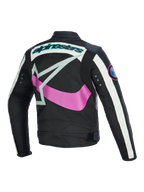 Alpinestars Idles Women's Jacket back view, Black with Off White and Purple, featuring a large pink wrap-around star logo, teal wordmark and metal eyelets on sleeves, vintage-inspired design with accordion panels for urban motorcycle riding
