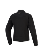 Chaqueta Stella Grace de Alpinestars, chaqueta urbana de moto para mujer, negra, vista trasera con un pequeño logotipo Astar dorado en el cuello, ojales metálicos en las mangas y costuras plisadas en la parte inferior de la espalda.