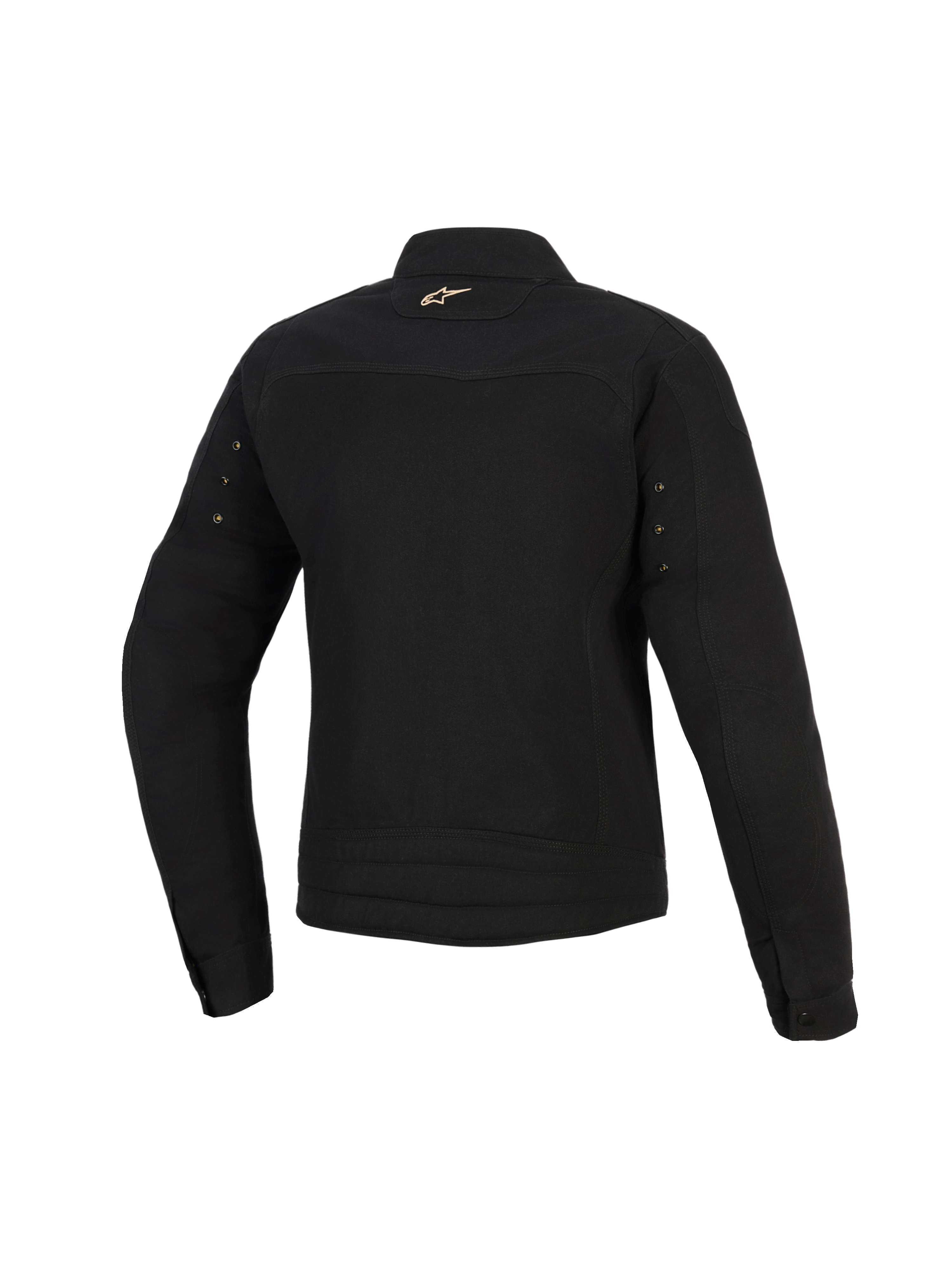 Chaqueta Stella Grace de Alpinestars, chaqueta urbana de moto para mujer, negra, vista trasera con un pequeño logotipo Astar dorado en el cuello, ojales metálicos en las mangas y costuras plisadas en la parte inferior de la espalda.