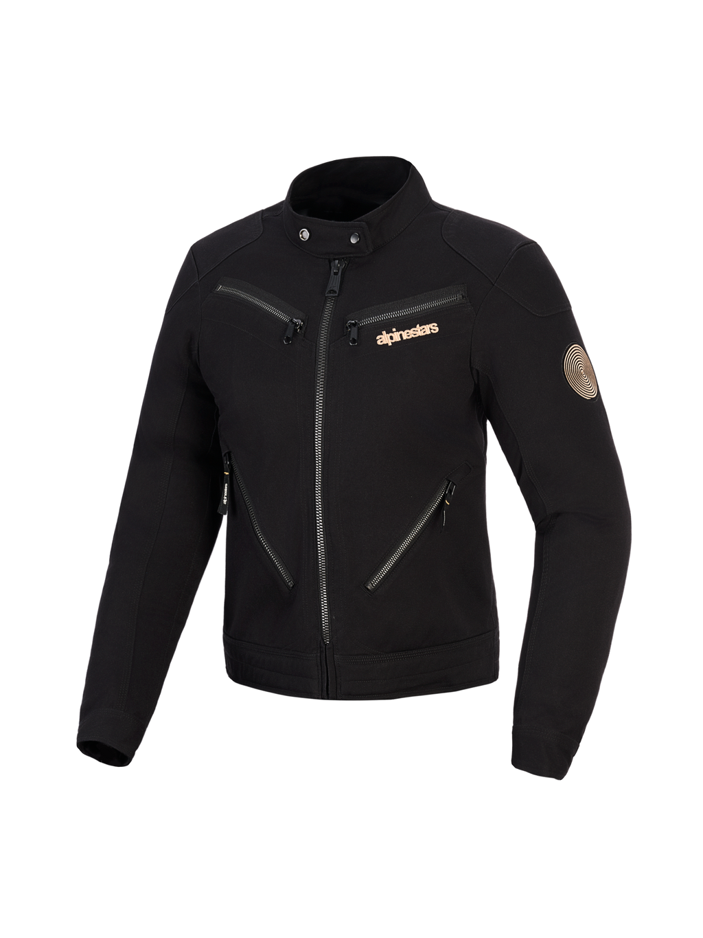 Alpinestars Stella Grace Jacket, chaqueta de moto para mujer, negra, diseño inspirado en la ropa de trabajo urbana con múltiples cremalleras frontales, cuello con botón a presión, logotipo de Alpinestars en color cobre y parche espiral vintage en la manga.