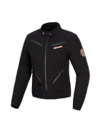 Alpinestars Stella Grace Jacket, chaqueta de moto para mujer, negra, diseño inspirado en la ropa de trabajo urbana con múltiples cremalleras frontales, cuello con botón a presión, logotipo de Alpinestars en color cobre y parche espiral vintage en la manga.