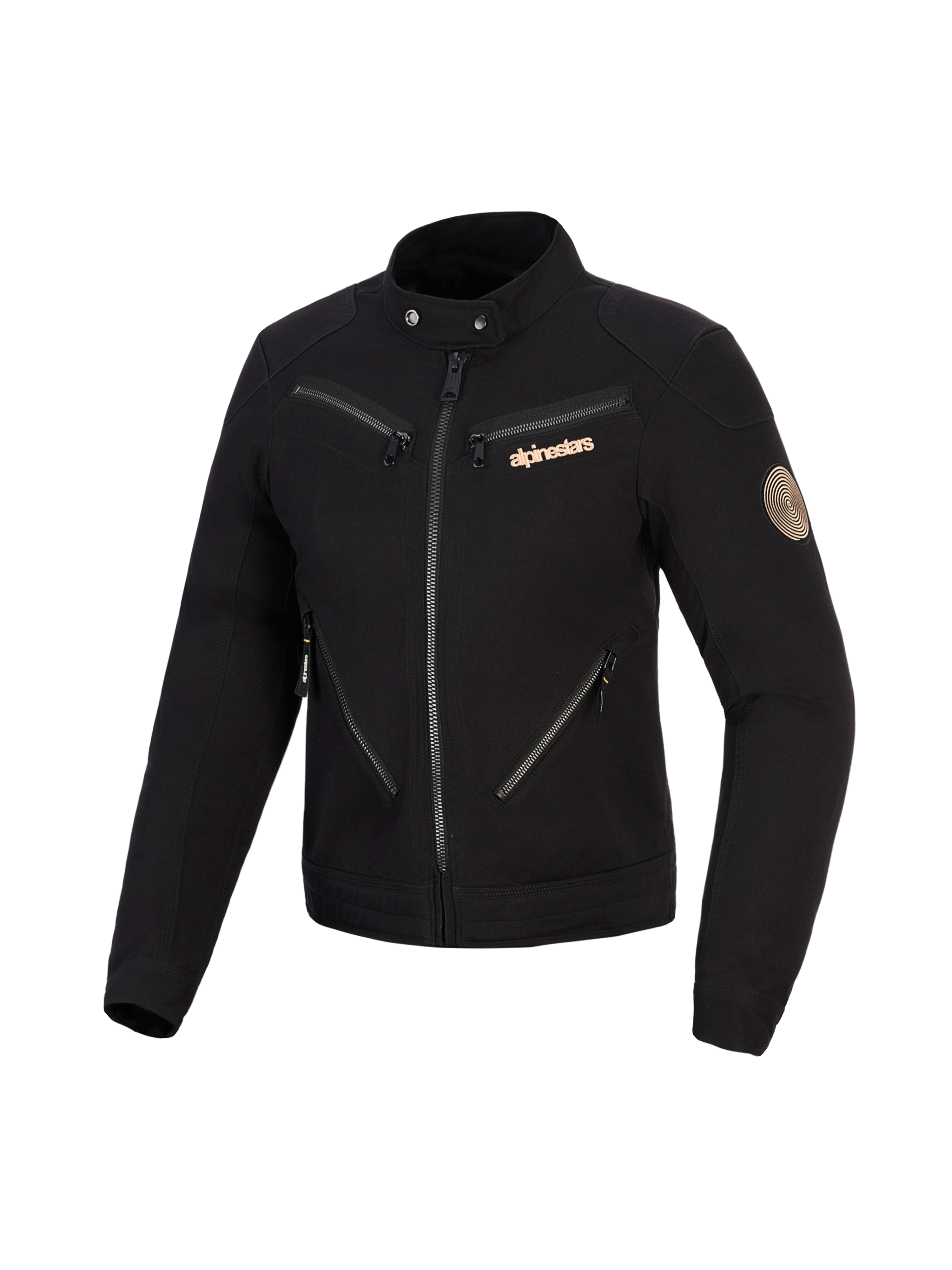 Alpinestars Stella Grace Jacket, chaqueta de moto para mujer, negra, diseño inspirado en la ropa de trabajo urbana con múltiples cremalleras frontales, cuello con botón a presión, logotipo de Alpinestars en color cobre y parche espiral vintage en la manga.