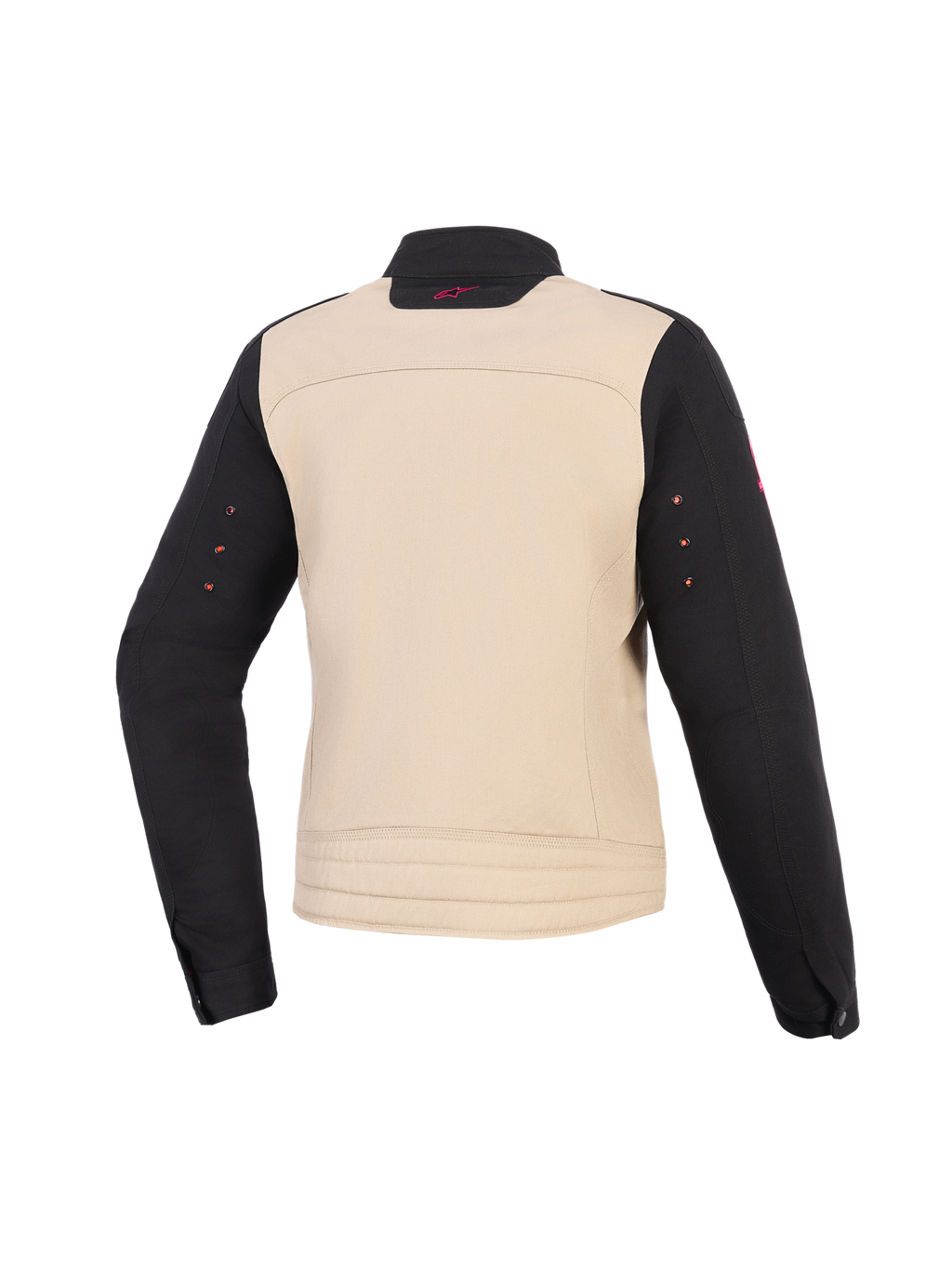Chaqueta Alpinestars Stella Grace para mujer, chaqueta de moto para mujer, Aluminum Black, vista trasera, construcción textil con torso beige y mangas negras, pequeño logotipo rosa en el cuello