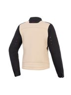 Chaqueta Alpinestars Stella Grace para mujer, chaqueta de moto para mujer, Aluminum Black, vista trasera, construcción textil con torso beige y mangas negras, pequeño logotipo rosa en el cuello