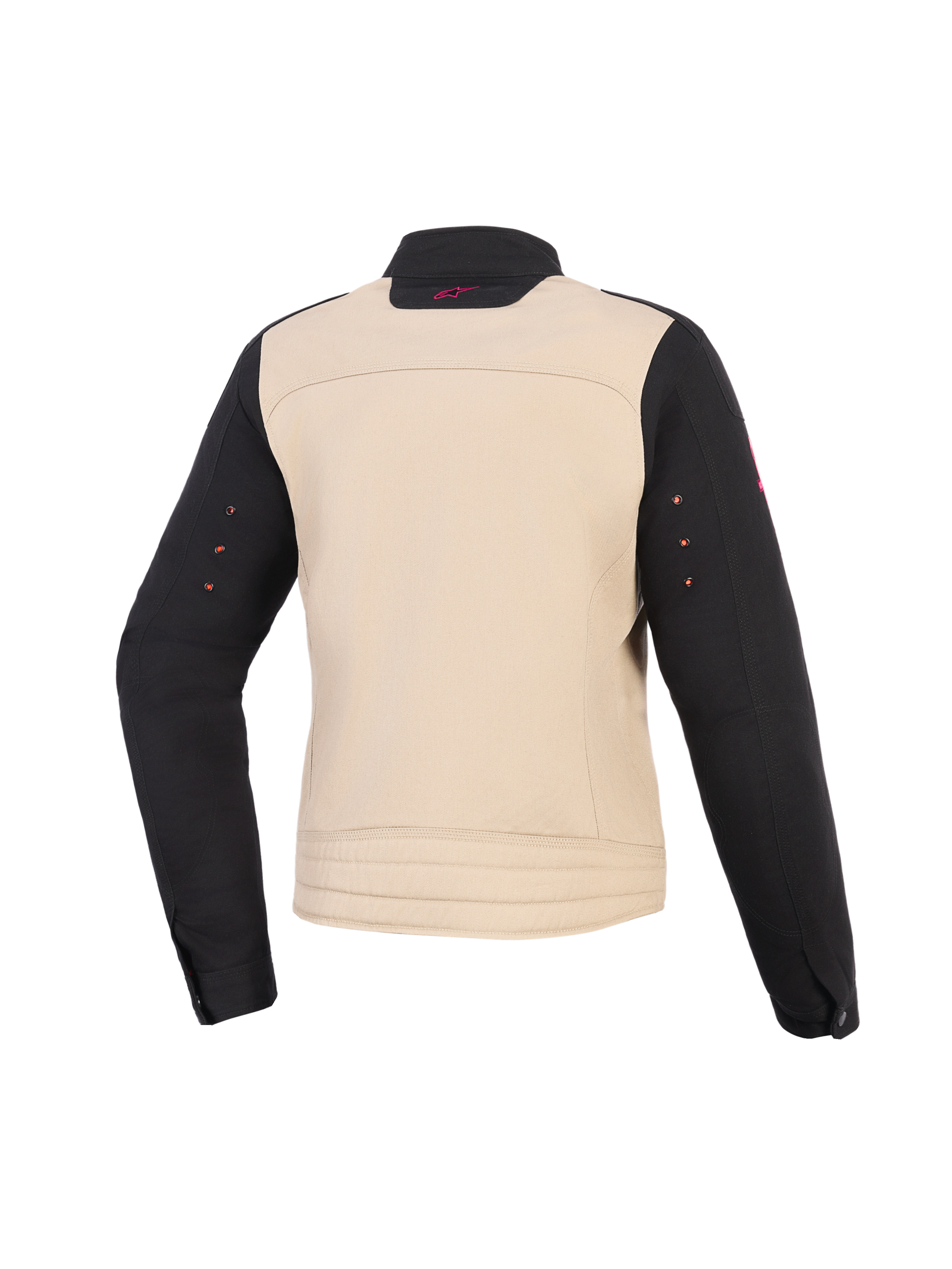 Chaqueta Alpinestars Stella Grace para mujer, chaqueta de moto para mujer, Aluminum Black, vista trasera, construcción textil con torso beige y mangas negras, pequeño logotipo rosa en el cuello