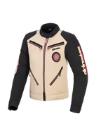 Chaqueta Alpinestars Stella Grace, chaqueta de motociclismo para mujer, color aluminio y negro con detalles de cremalleras en rosa, vista frontal con diseño inspirado en ropa de trabajo urbana, parche Oscar en espiral en el pecho y logotipos de Alpinestars en las mangas.