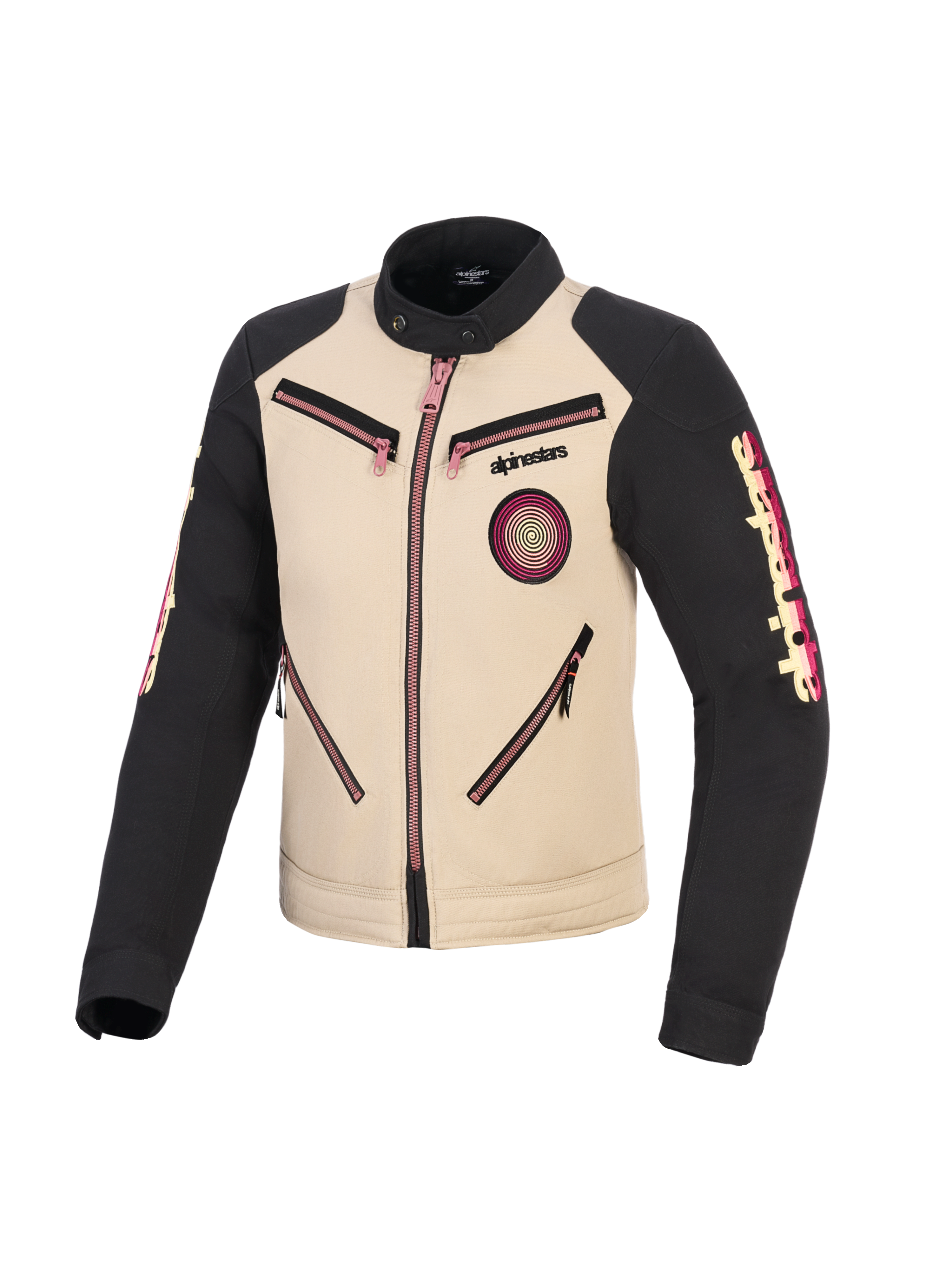 Chaqueta Alpinestars Stella Grace, chaqueta de motociclismo para mujer, color aluminio y negro con detalles de cremalleras en rosa, vista frontal con diseño inspirado en ropa de trabajo urbana, parche Oscar en espiral en el pecho y logotipos de Alpinestars en las mangas.