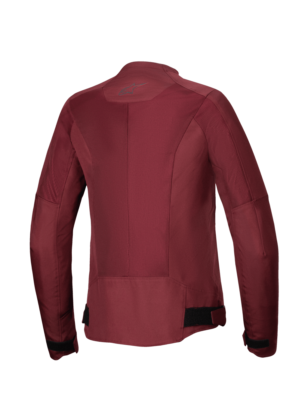 Chaqueta Alpinestars Stella C-1 Air, chaqueta de moto para mujer, burdeos, vista trasera con grandes paneles de malla técnica para el flujo de aire, logotipo reflectante en el cuello y correas ajustables en la cintura, equipamiento de conducción urbana