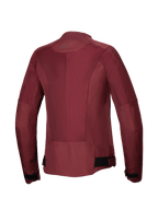 Chaqueta Alpinestars Stella C-1 Air, chaqueta de moto para mujer, burdeos, vista trasera con grandes paneles de malla técnica para el flujo de aire, logotipo reflectante en el cuello y correas ajustables en la cintura, equipamiento de conducción urbana