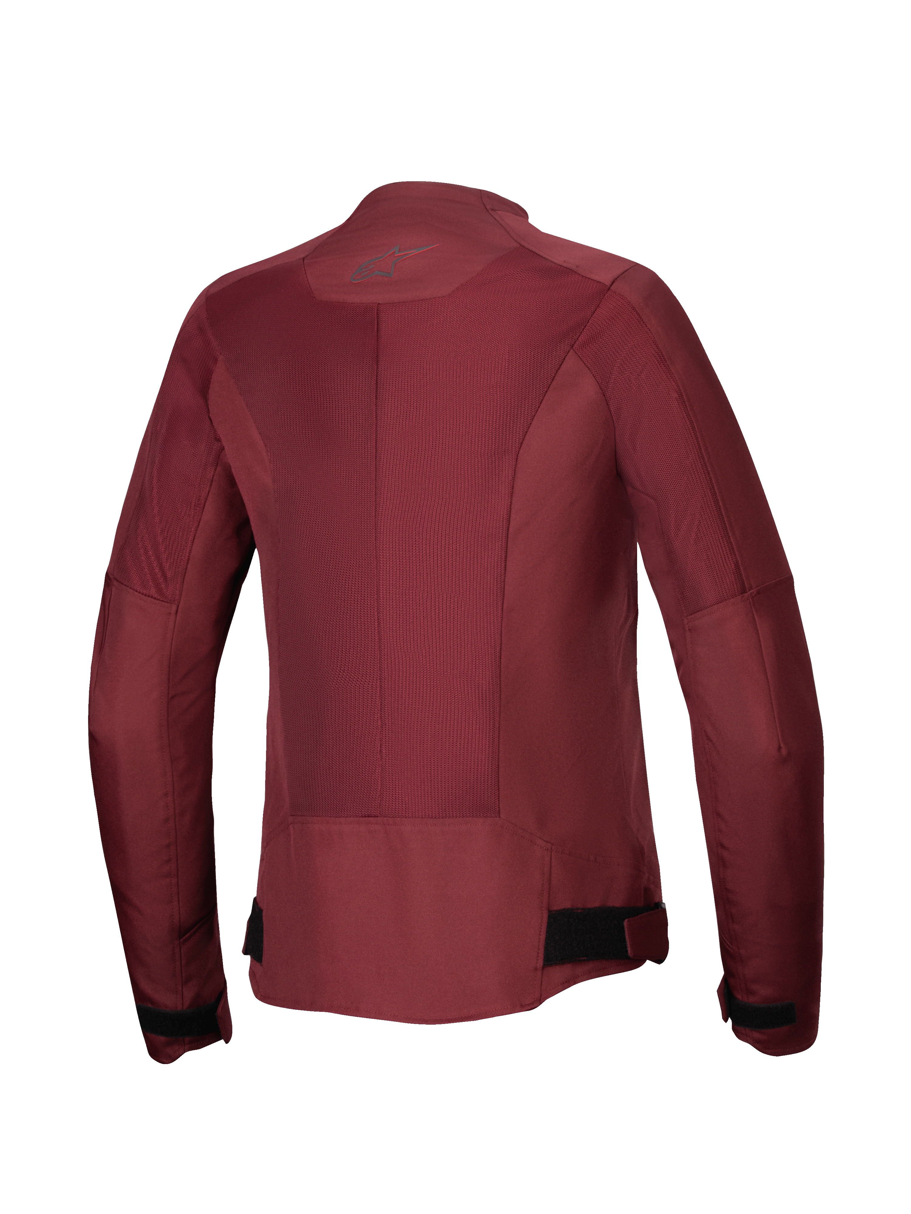 Chaqueta Alpinestars Stella C-1 Air, chaqueta de moto para mujer, burdeos, vista trasera con grandes paneles de malla técnica para el flujo de aire, logotipo reflectante en el cuello y correas ajustables en la cintura, equipamiento de conducción urbana