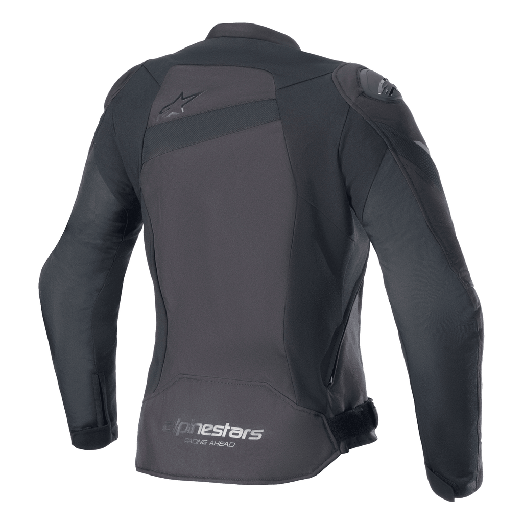 Chaqueta Alpinestars Stella T-GP Plus R V4, chaqueta de moto textil para mujer, Negro/Negro, vista trasera con logo Astar tonal en la parte superior de la espalda y logotipo 'alpinestars RACING AHEAD' en el dobladillo inferior, ajuste deportivo estilizado con paneles protectores visibles.