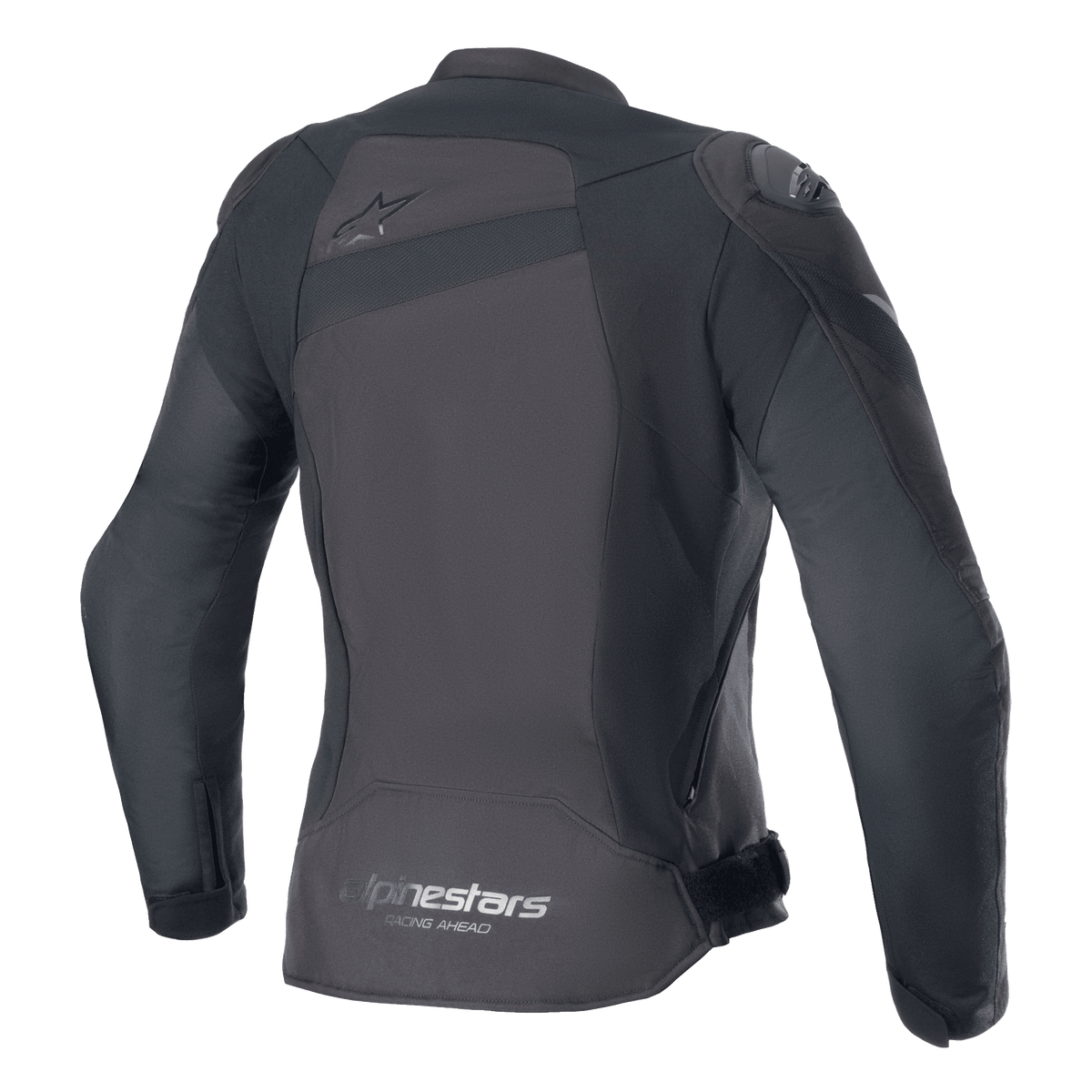 Chaqueta Alpinestars Stella T-GP Plus R V4, chaqueta de moto textil para mujer, Negro/Negro, vista trasera con logo Astar tonal en la parte superior de la espalda y logotipo 'alpinestars RACING AHEAD' en el dobladillo inferior, ajuste deportivo estilizado con paneles protectores visibles.