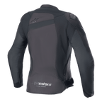 Chaqueta Alpinestars Stella T-GP Plus R V4, chaqueta de moto textil para mujer, Negro/Negro, vista trasera con logo Astar tonal en la parte superior de la espalda y logotipo 'alpinestars RACING AHEAD' en el dobladillo inferior, ajuste deportivo estilizado con paneles protectores visibles.