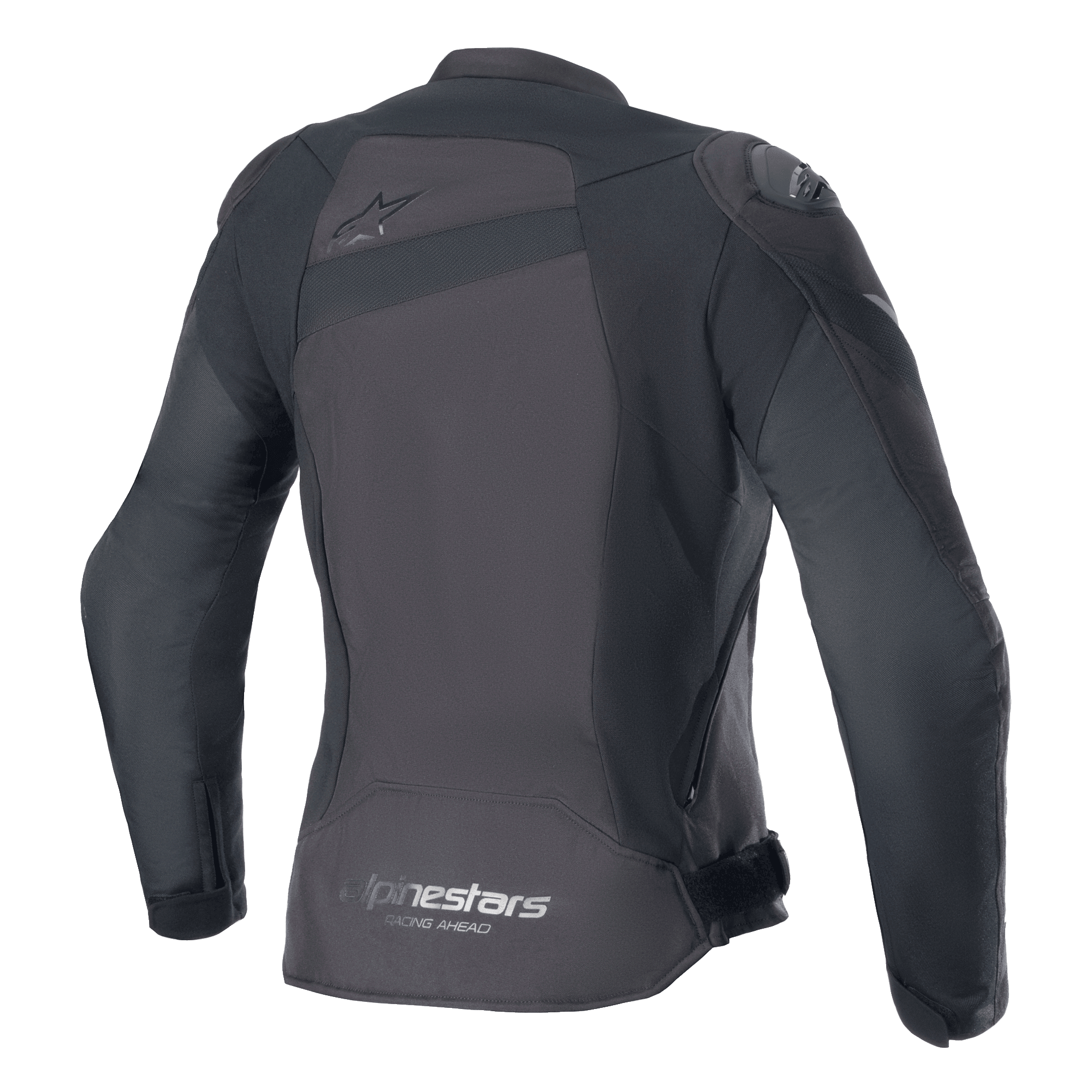 Chaqueta Alpinestars Stella T-GP Plus R V4, chaqueta de moto textil para mujer, Negro/Negro, vista trasera con logo Astar tonal en la parte superior de la espalda y logotipo 'alpinestars RACING AHEAD' en el dobladillo inferior, ajuste deportivo estilizado con paneles protectores visibles.