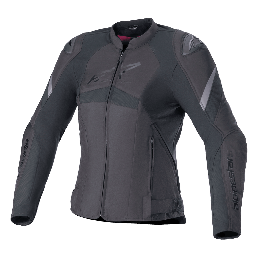 Alpinestars Stella T-GP Plus R V4 Jacket, chaqueta de moto textil para mujer, negra, con diseño deportivo entallado, cremallera frontal, protectores de hombros externos y logotipos sutiles en el pecho y las mangas