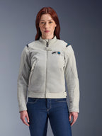 Alpinestars Stella Circal-1 Air Jacket, Women's Motorcycle Jacket, Metal Gray with Methyl Blue accents, mesh airflow panels, zippered front with stand-up collar, worn by model over dark blue jeans