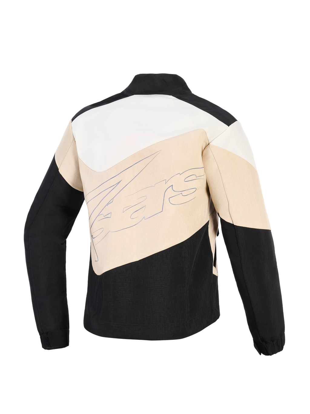 Chaqueta Alpinestars Stella Moshell, chaqueta de moto urbana para mujer, negro, arena y blanco roto, vista posterior con paneles asimétricos de bloques de color y un gran logotipo de la marca en estilo caligráfico en el centro.