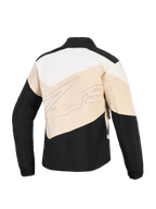 Chaqueta Alpinestars Stella Moshell, chaqueta de moto urbana para mujer, negro, arena y blanco roto, vista posterior con paneles asimétricos de bloques de color y un gran logotipo de la marca en estilo caligráfico en el centro.
