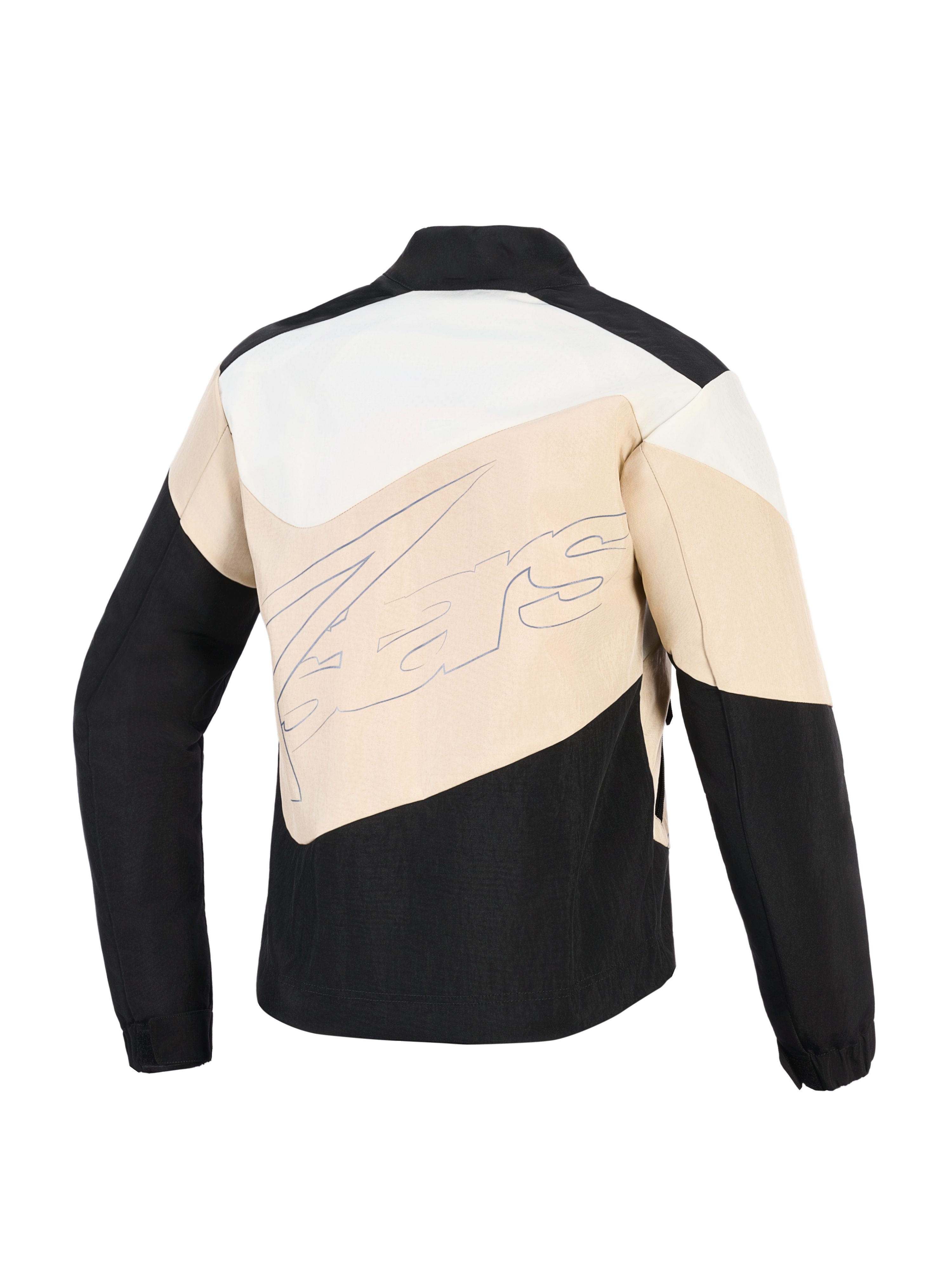 Chaqueta Alpinestars Stella Moshell, chaqueta de moto urbana para mujer, negro, arena y blanco roto, vista posterior con paneles asimétricos de bloques de color y un gran logotipo de la marca en estilo caligráfico en el centro.