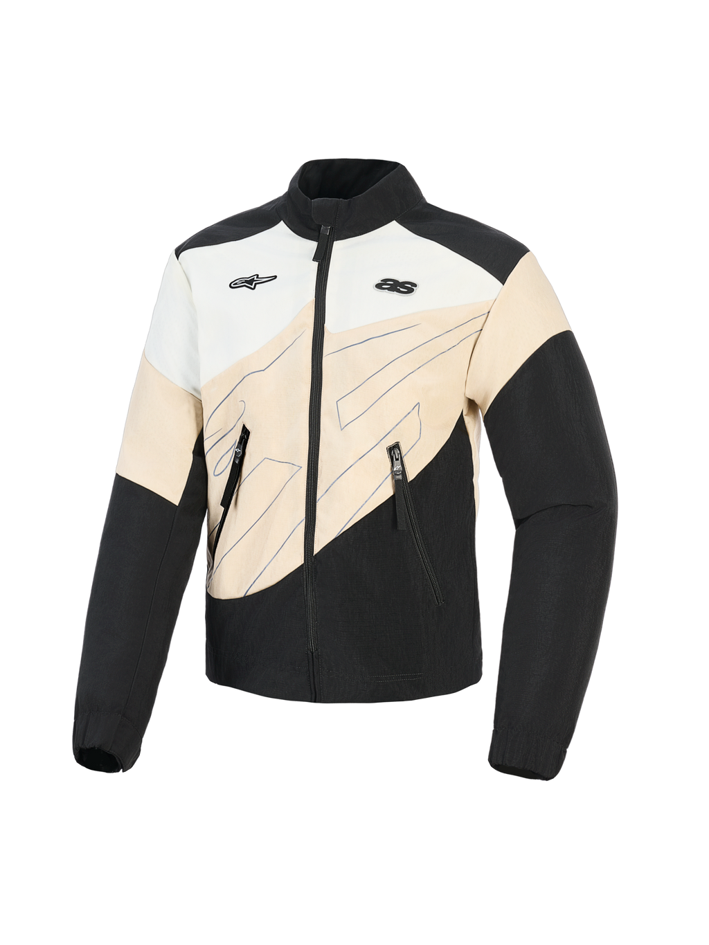 Chaqueta Alpinestars Stella Moshell, chaqueta urbana de moto para mujer, negro, arena y blanco roto, diseño asimétrico de bloques de color con gráficos de líneas azules, cierre frontal de cremallera y logotipos dobles en el pecho, equipamiento de protección inspirado en el estilo urbano