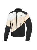 Chaqueta Alpinestars Stella Moshell, chaqueta urbana de moto para mujer, negro, arena y blanco roto, diseño asimétrico de bloques de color con gráficos de líneas azules, cierre frontal de cremallera y logotipos dobles en el pecho, equipamiento de protección inspirado en el estilo urbano