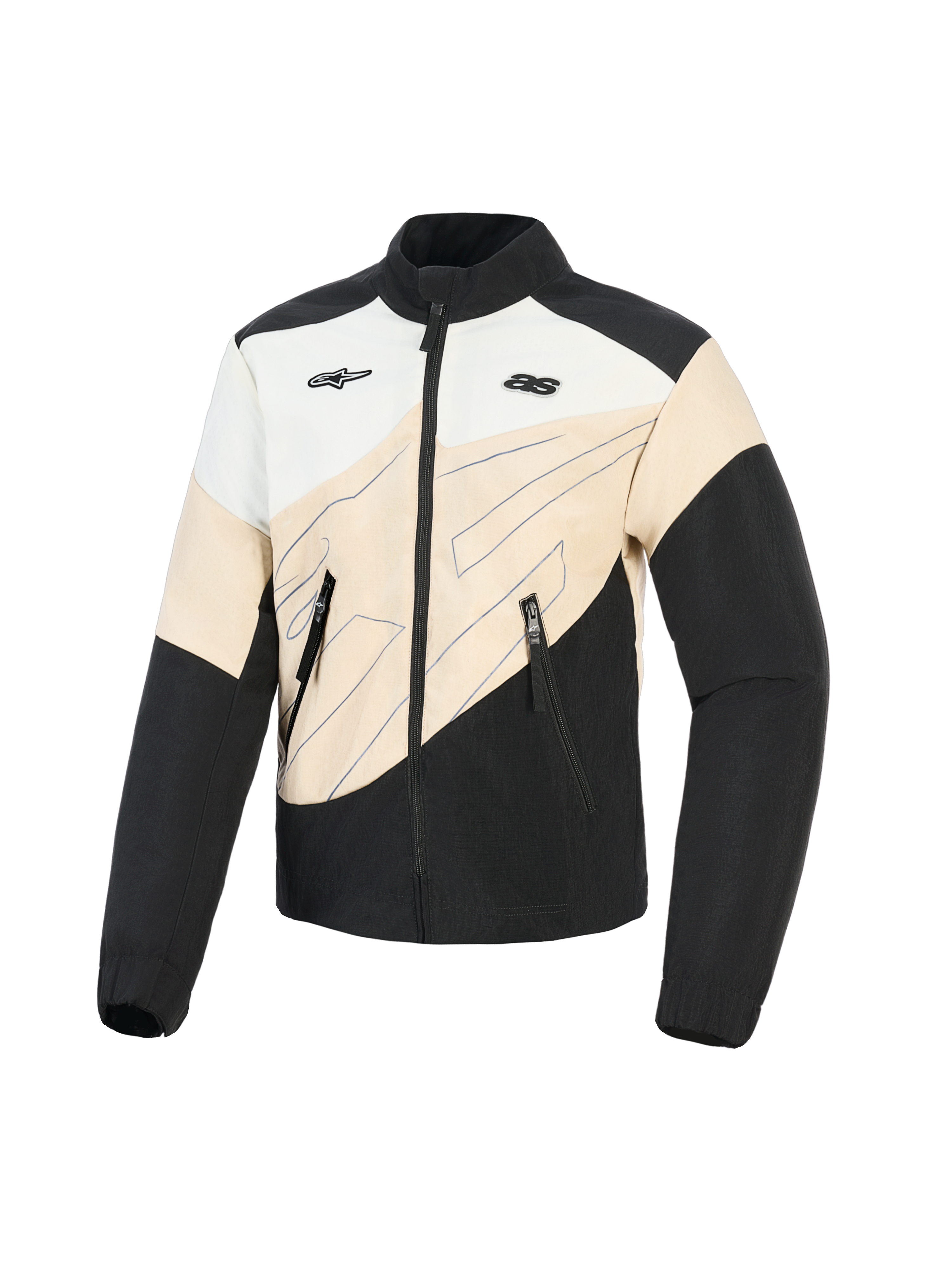 Chaqueta Alpinestars Stella Moshell, chaqueta urbana de moto para mujer, negro, arena y blanco roto, diseño asimétrico de bloques de color con gráficos de líneas azules, cierre frontal de cremallera y logotipos dobles en el pecho, equipamiento de protección inspirado en el estilo urbano