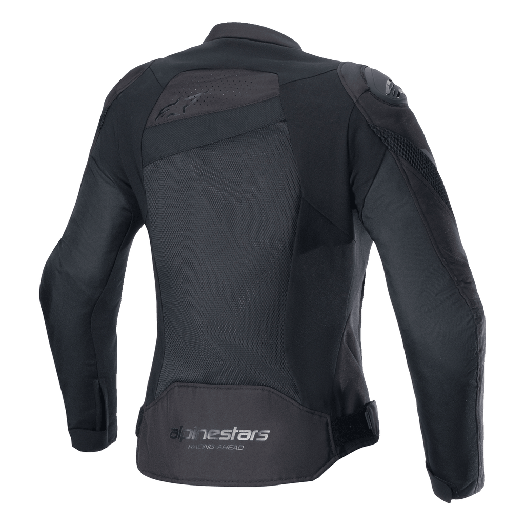 Chaqueta Alpinestars Stella T-GP Plus R V4 Airflow, negra, vista posterior con amplios paneles de malla para un flujo de aire máximo, logotipo 'Alpinestars Racing Ahead' en la parte inferior de la espalda, chaqueta de textil deportiva para mujer