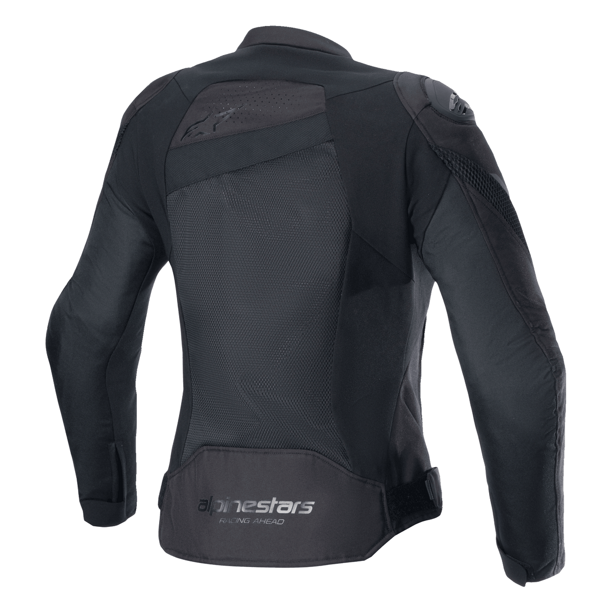 Chaqueta Alpinestars Stella T-GP Plus R V4 Airflow, negra, vista posterior con amplios paneles de malla para un flujo de aire máximo, logotipo 'Alpinestars Racing Ahead' en la parte inferior de la espalda, chaqueta de textil deportiva para mujer